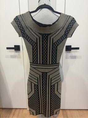 BCBGMaxAzria Black and Beige Geometric Midi Dress